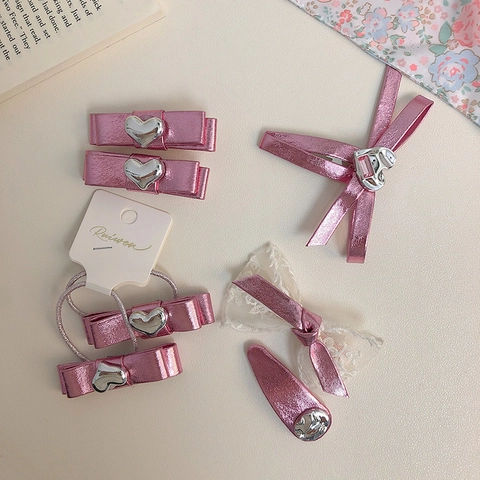Lindo Pasador de Pelo con Lazo de Cuero PU Rosa Corazón Metálico Brillante Diamante de Imitación Coleteros de Pelo Lazo de Encaje