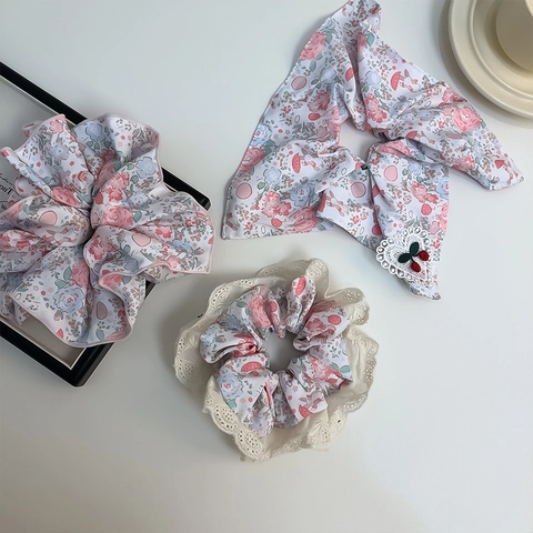 French Pastoral Floral Scrunchies Sweet Cherry Bow Lace Edge Fabric Hair Ties For Women Girls Fashion Hair Accessories