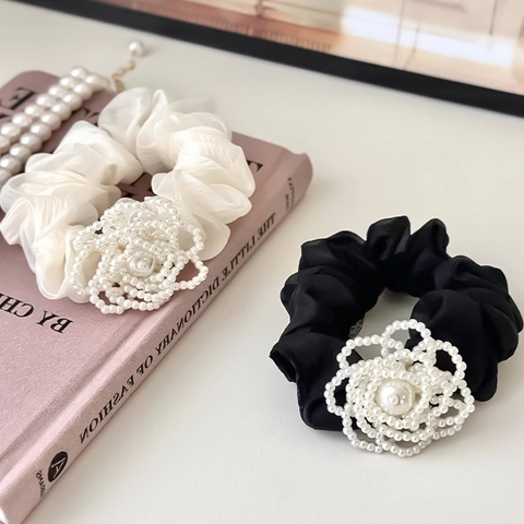 Elegante Elastico per Capelli in Tessuto a Fiore Con Perla Artificiale Donna Stile Balletto Core Accessori per Capelli