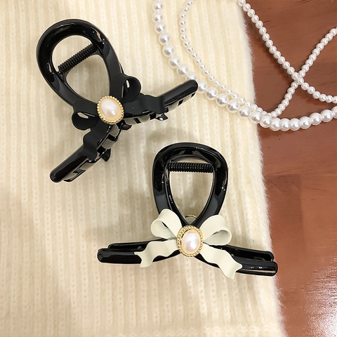 Elegante Molla per Capelli a Fiocco Con Perla Artificiale per Donna Dolce Lega di Resina Clip a Squalo Accessori per Capelli