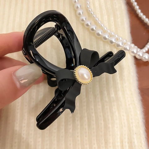 Elegante Molla per Capelli a Fiocco Con Perla Artificiale per Donna Dolce Lega di Resina Clip a Squalo Accessori per Capelli