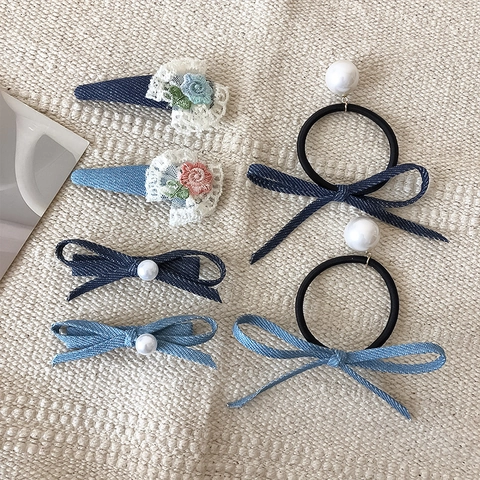 Fermaglio per Capelli Vintage in Denim con Fiocco Elastico per Capelli Ricamo Floreale Pizzo Fatto a Mano per Donna Stile Mori Perla Artificiale Accessori