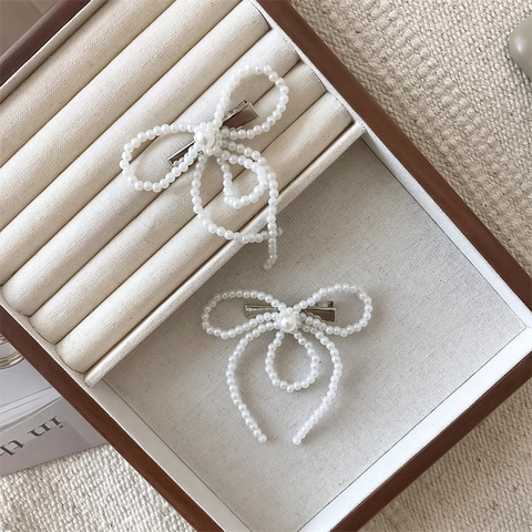 French Elegant Beaded Bow Hair Clip For Women Artificial Pearl Alloy Duckbill Clip Sweet Hairpins Bridal Hair Accessories