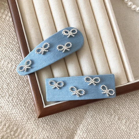 Dames Denim Stof Strik Haarspelden Zoete Lichtblauwe Legering BB Zijspelden Koreaanse Stijl Haaraccessoires
