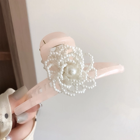 Große Transparente Acryl Haarkralle Für Damen Elegante Haarklemme Mit 3D Künstliche Perle Blume Haarschmuck Rosa