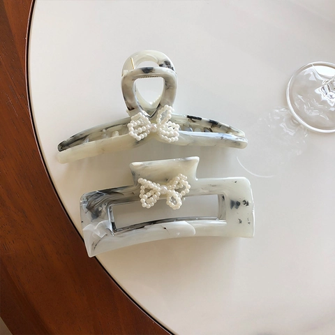 New Chinese Style Inky Marble Pattern Hair Claw Clip For Women Elegant Large Artificial Pearl Bow Hair Accessories Shark Clip