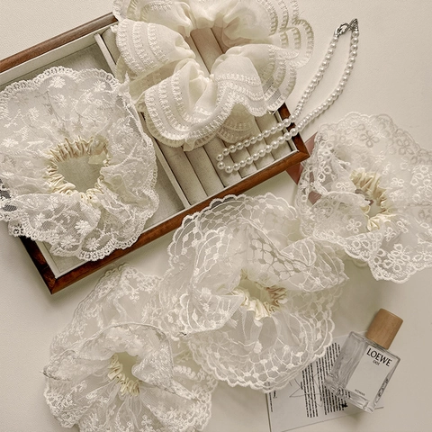 Coleteros Grandes de Estilo Francés con Bordado de Flores Elegantes de Tela de Malla Dulce Bandas para el Cabello para Mujeres