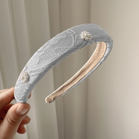 Elegant French Style Padded Jacquard Headband With Artificial Pearl Flower Decoration Retro Sponge Hair Band For Women Hair Accessories