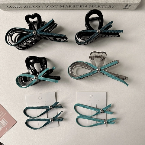 Molletta per Capelli con Fiocco in Denim Vintage per Donna Elegante Fiocco in Tessuto Blu Mollone per Capelli con Cuore Accessori