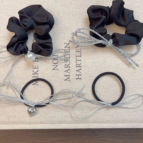Elegant Black Bowknot Scrunchies For Women Silver Woven Ribbon Hair Ties Artificial Pearl Rhinestone Heart Pendant Hair Accessories