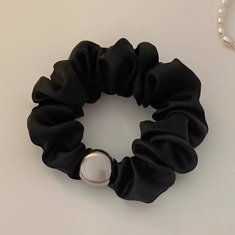 Elastico per Capelli in Raso Con Sfera in Metallo Argentato Elastico per Capelli da Donna Nero Accessori per Capelli Semplice Moda
