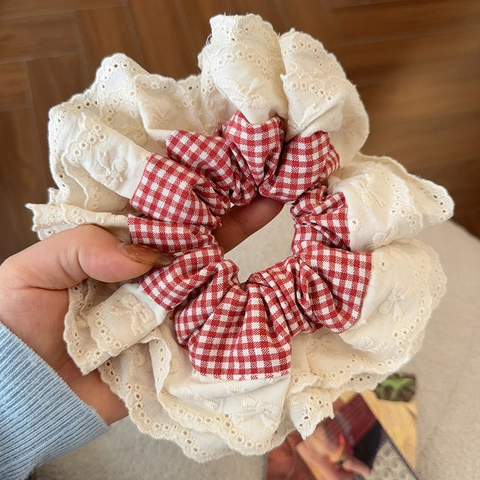 French Retro Red Plaid Lace Scrunchie For Women Large Handmade Flower Embroidery Hair Tie Sweet Bow Hair Accessories