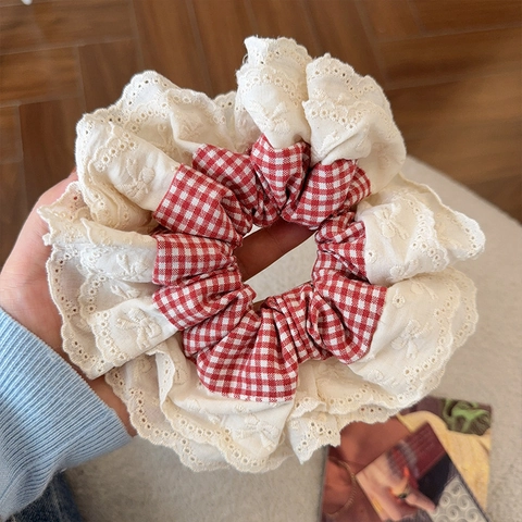 French Retro Red Plaid Lace Scrunchie For Women Large Handmade Flower Embroidery Hair Tie Sweet Bow Hair Accessories