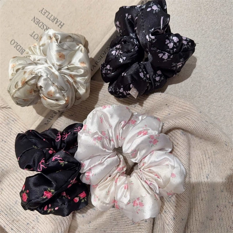 French Floral Satin Padded Scrunchie High Elastic Hair Tie Sweet Rose Pattern Oversized Fabric Ponytail Holder For Women Fashion Accessories