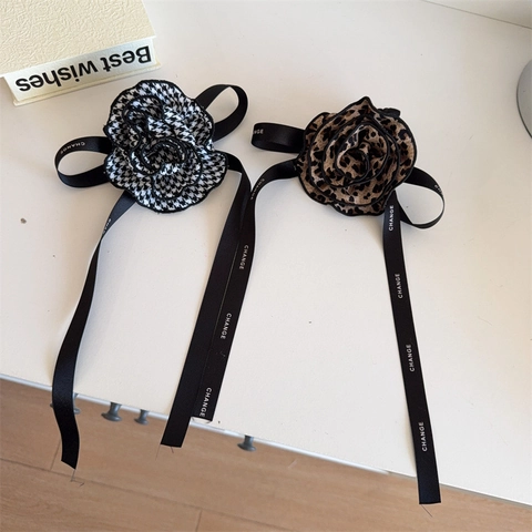 Vintage Blumen Haargummi Hahnentritt Leopardenmuster Elegante Stoff Blumen Haarbänder Mit Langem Band Für Damen Täglich Haarschmuck