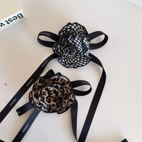 Vintage Blumen Haargummi Hahnentritt Leopardenmuster Elegante Stoff Blumen Haarbänder Mit Langem Band Für Damen Täglich Haarschmuck