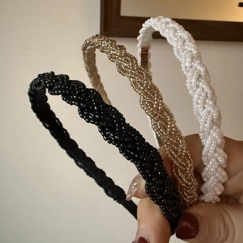 Cerchietto a Treccia con Perline Stile Coreano per Donna Cerchietto Sottile Vintage con Texture a Perla Artificial Accessori Capelli