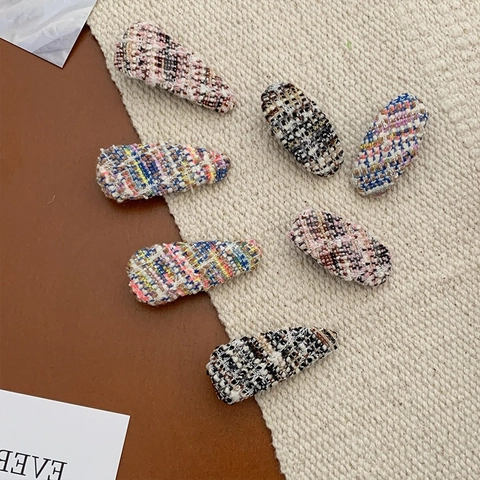 Pinzas para el Pelo de Tela de Tweed Vintage para Mujer Dulce Cuadros Geométrico Rectángulo Gota Pinza Lateral Accesorios para el Cabello