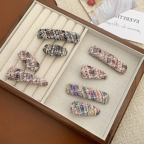 Pinzas para el Pelo de Tela de Tweed Vintage para Mujer Dulce Cuadros Geométrico Rectángulo Gota Pinza Lateral Accesorios para el Cabello