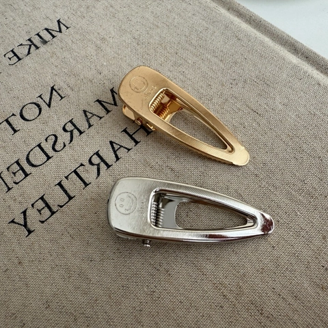 Fermaglio per Capelli in Metallo a Goccia Vuoto con Scritta Smile Face Oro Argento Spazzolato Becco d'Anatra per Donna