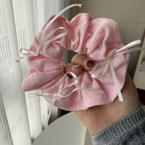 Zoete Balletcore Roze Gebreide Scrunchie Met Witte Satijnen Strikjes Handgemaakte Paardenstaart Houder Voor Dames Meisjes Haaraccessoires