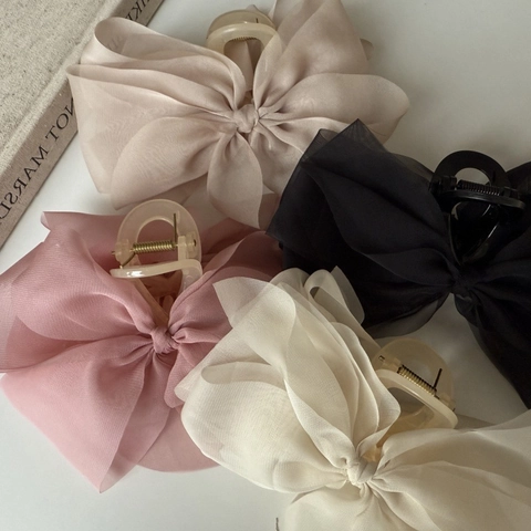 French Style Elegant Large Chiffon Bow Hair Claw Clip For Women Soft Organza Fabric Oversized Shark Clip Handmade Hair Accessories
