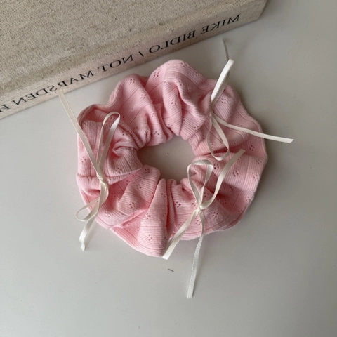 Zoete Balletcore Roze Gebreide Scrunchie Met Witte Satijnen Strikjes Handgemaakte Paardenstaart Houder Voor Dames Meisjes Haaraccessoires