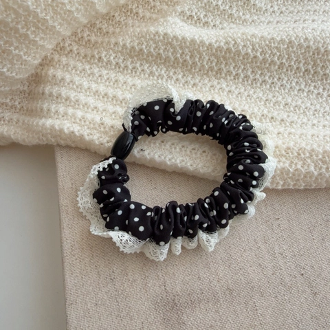 Scrunchie per Capelli Vintage Francese a Pois con Bordo in Pizzo e Perla Artificiale Elastico in Tessuto per Donne Ragazze