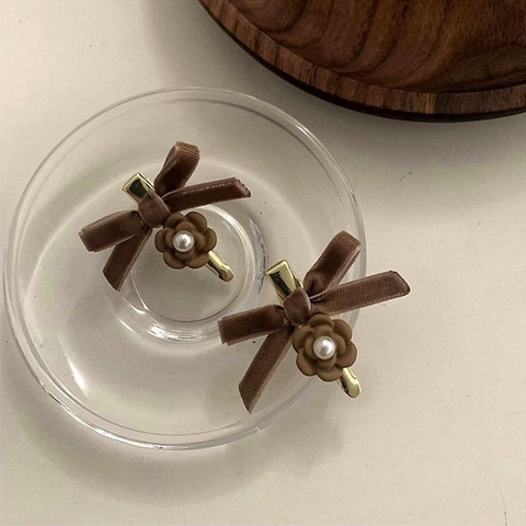 Fermaglio per Capelli con Fiocco in Velluto Vintage per Donna con Perla Artificiale Floreale Retrò Elegante Accessori per Capelli