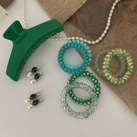 Vintage Green Hair Accessories Resin Hair Claw Clips Artificial Pearl Decorative Hairpins Spiral Elastic Hair Rings For Women Jewelry