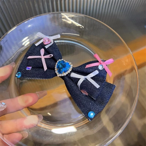 Exquisite Blaue Herz Strass Denim Schleife Haarspange Für Damen Süßer Y2K Stil Handgefertigte Schleife Schmetterling Haarschmuck