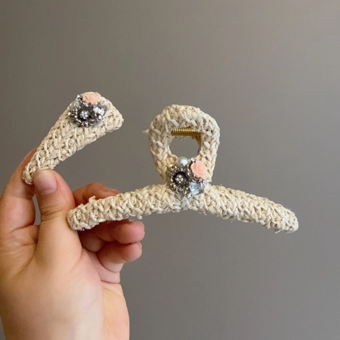 Molletta per Capelli in Paglia Intrecciata Vintage Con Decorazione Floreale Di Strass e Künstliche Perle Gioielli per Capelli Da Donna