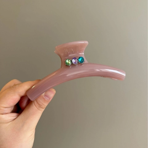 Korean Style Sweet Large Mauve Pink Plastic Hair Claw Clip With Colorful Rhinestones Handmade Hair Accessories For Women