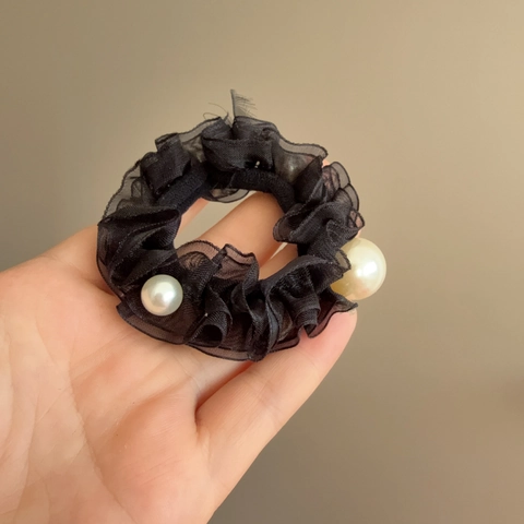 Coletero de Organza Estilo Coreano Con Perla Artificial Negro Plisado Cuerda para el Cabello Elegante Mujer Accesorios para el Pelo
