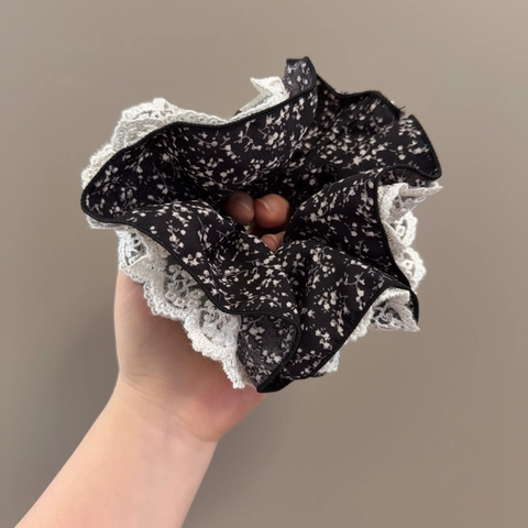 Elastico per Capelli Scrunchie in Tessuto con Stampa Floreale Dolce Vintage Bordo in Pizzo Pieghettato Accessori Donna