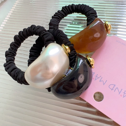 Japanese Style High Elasticity Resin Decorative Hair Scrunchie For Women Girls Black Coffee Pearl White Ponytail Holder Accessory