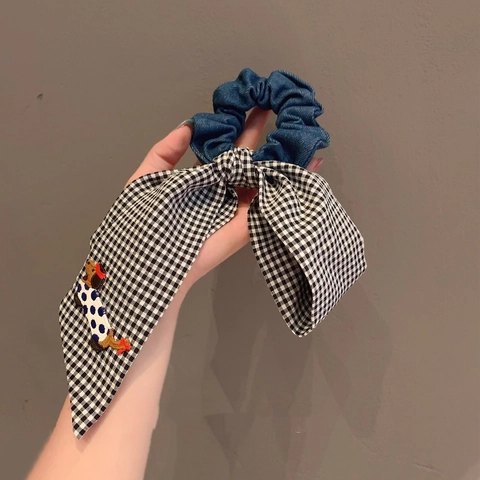 Coletero de Denim y Gingham Coreano con Bordado Perro Teckel Cinta Larga Lazo para el Pelo Mujeres Accesorio para el Pelo Dulce