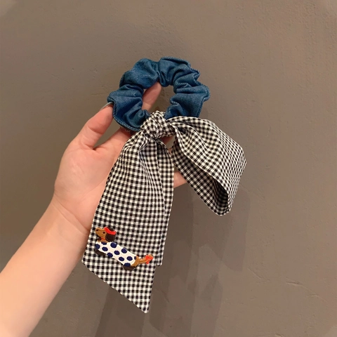 Coletero de Denim y Gingham Coreano con Bordado Perro Teckel Cinta Larga Lazo para el Pelo Mujeres Accesorio para el Pelo Dulce