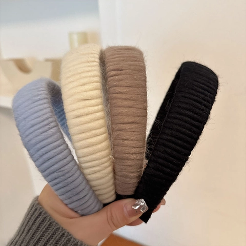 Diadema de Esponja de Punto a Rayas de Color Sólido Vintage Estilo Coreano Banda para el Cabello Gruesa Elegante Accesorios Mujer