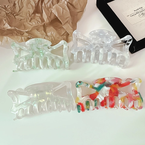 French Vintage Acetate Hollow Bowknot Hair Claw Clip For Women Marble Pearlescent Large Shark Clip Fashion Styling Accessory