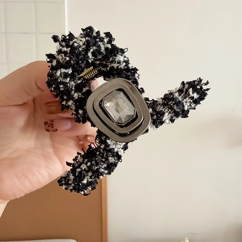 Pinza de Garra de Pelo de Tela de Tweed Vintage Elegante Clip de Tiburón con Diamantes para Mujeres Accesorio Exquisito para Diario