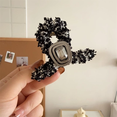 Pinza de Garra de Pelo de Tela de Tweed Vintage Elegante Clip de Tiburón con Diamantes para Mujeres Accesorio Exquisito para Diario