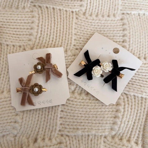 Pinzas para el Pelo Vintage con Lazo de Terciopelo y Flor de Resina Perla Artificial de Imitación Pasadores de Pico de Pato para Mujer