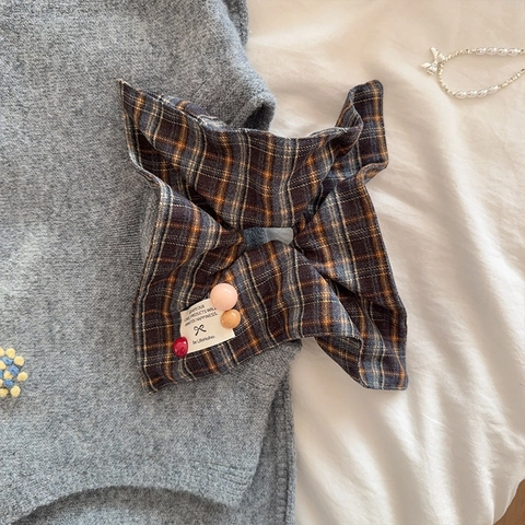 Vintage Plaid Fabric Bow Scrunchie With Beads Checkered Hair Ring For Women Girls Sweet Fashion Hair Ties Headwear Accessories
