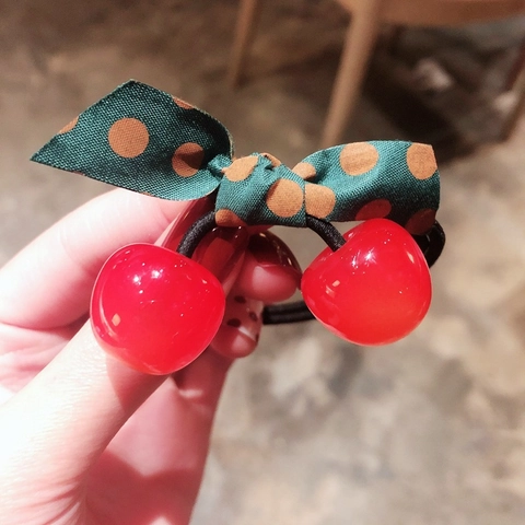 Koreanischer Stil Süße Kirsche Haargummi Punktierte Schleife Band Elastisch Harz Frucht Haarschmuck Für Mädchen Damen
