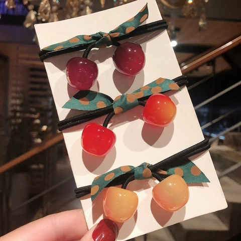Koreanischer Stil Süße Kirsche Haargummi Punktierte Schleife Band Elastisch Harz Frucht Haarschmuck Für Mädchen Damen