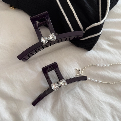 Molla per Capelli Francese di Lusso con Fiocco e Strass Viola Scuro Lega Clip a Squalo per Donna Elegante Moda Accessori per Capelli