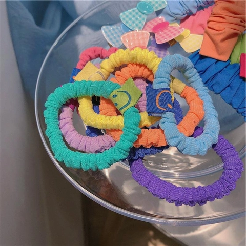 Coleteros de Tela Plisada Con Decoración de Cara Sonriente Color Caramelo Gomas Elásticas para el Pelo para Mujer Joyería