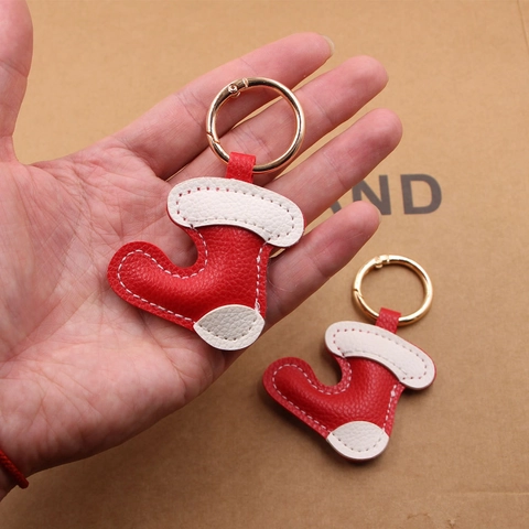 Faux Leather Christmas Boot Keychain Pendant Red White Splicing Christmas Stocking Bag Charm Festive Holiday Decoration Gift