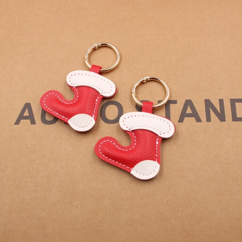Faux Leather Christmas Boot Keychain Pendant Red White Splicing Christmas Stocking Bag Charm Festive Holiday Decoration Gift